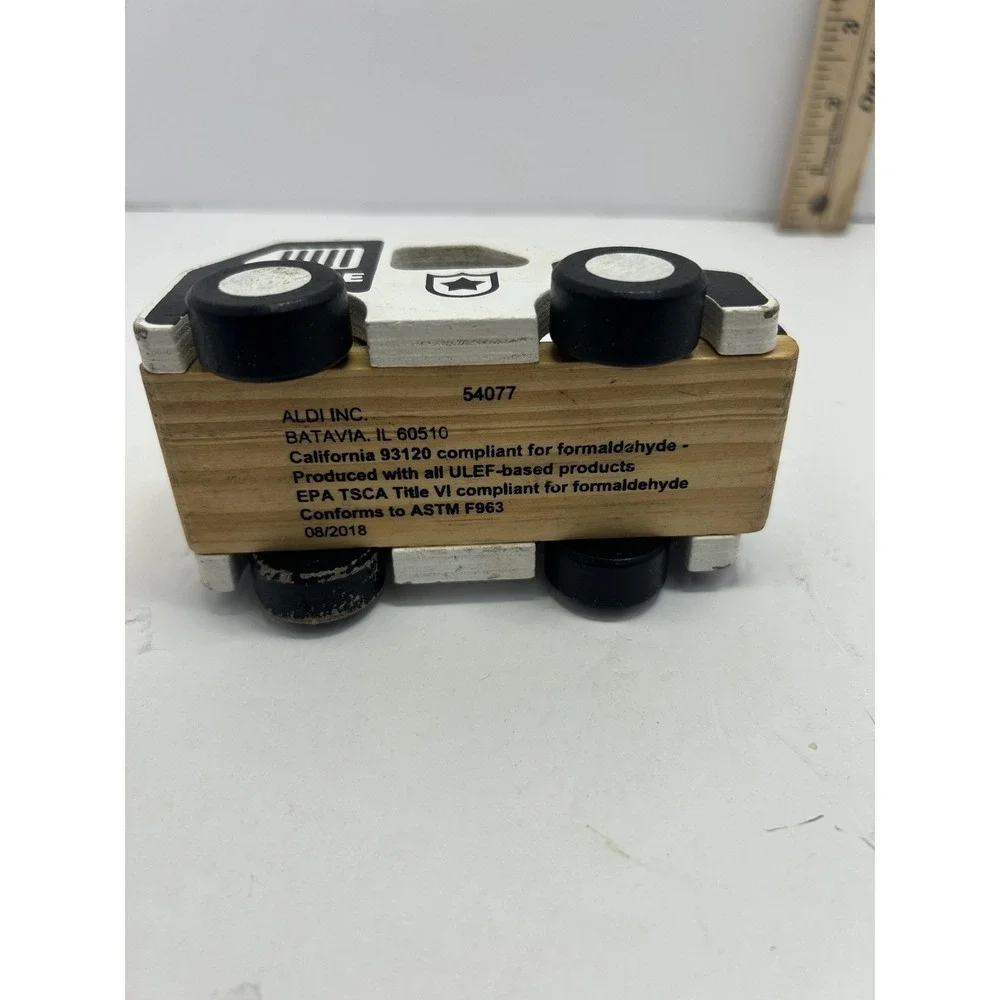 Aldi White Black Police Car Toy Small Wood Vehicle Kids Cute Fun Play 2018